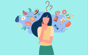 Illustration of a woman thinking with vegetables all around her head