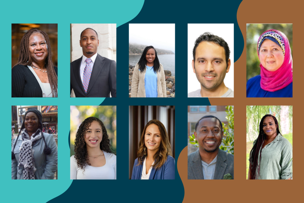A collage of ten headshots framed with wavy edges